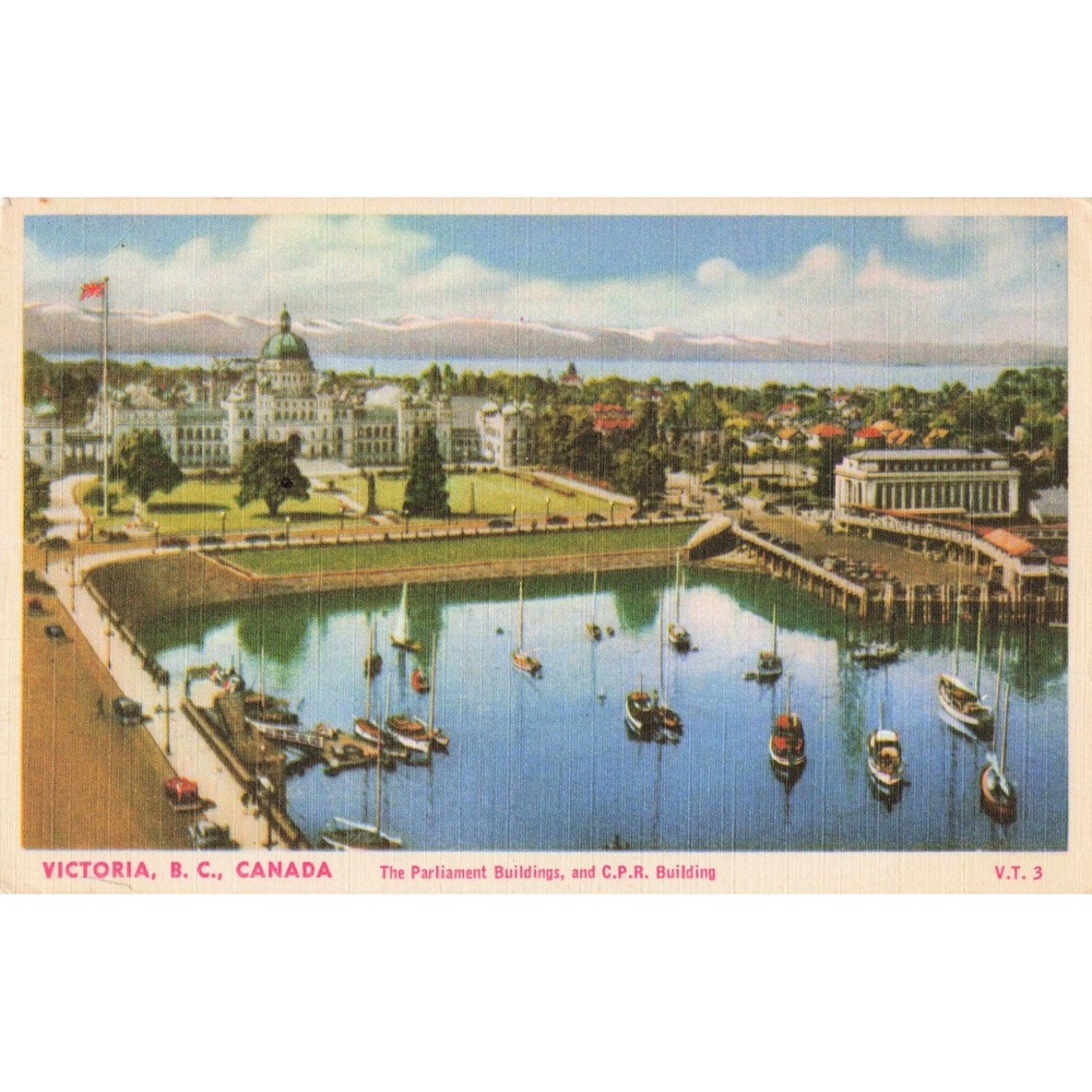 Victoria BC Canada Parliament Buildings CPR Inner Harbour Linen Postcard V.T. 3 - Picture 1 of 2